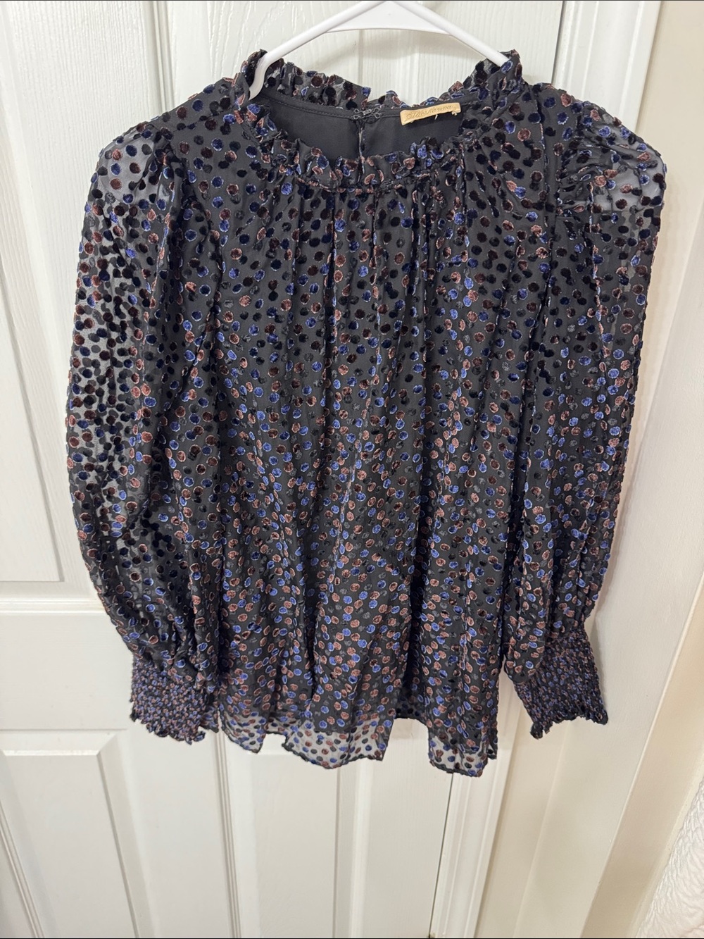 Shoshanna Black Sheer Blouse with Blue and Brown Velvet Dots